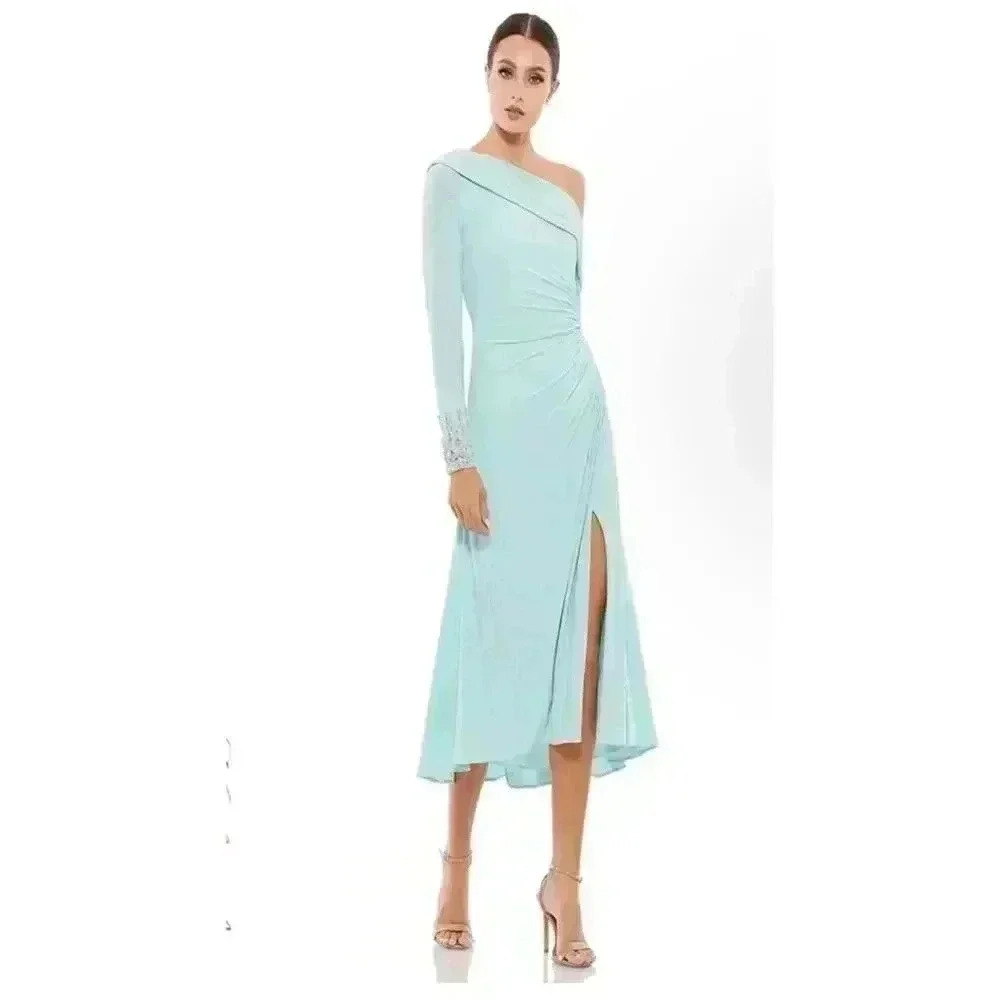 New NWT Mac Duggal 26485 Foldover Long Sleeve Jeweled Midi Dress ($498) Sz 10